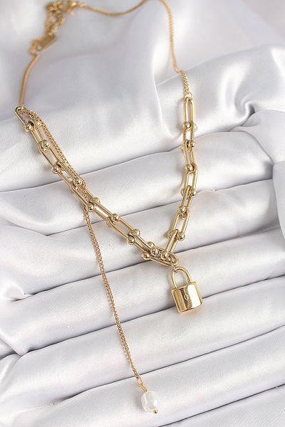 Skygo 316L Steel Gold Color Tiffany Chain Model Lock Figure Dangle Pearl Detail Women Necklace - Tj-Bko9938