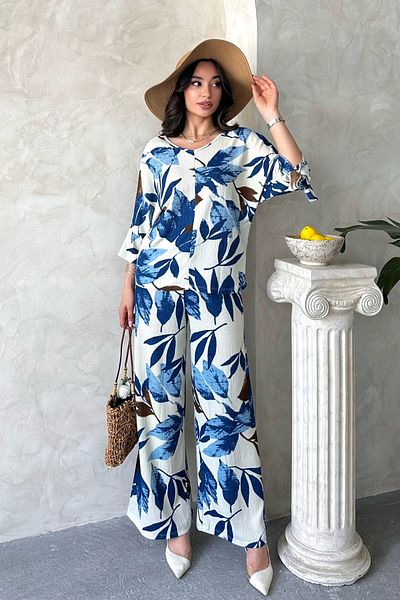MD trend Women's Floral Patterned V-Neck Two-Piece Set