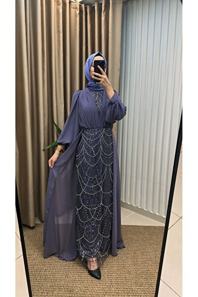 MERVE TESETTÜR Βραδινό φόρεμα από σιφόν με πέτρες και κάπα