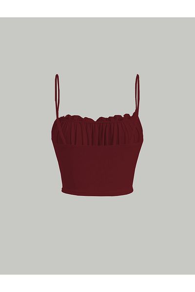 poswicon Crop de top cu bretele cu tuburi de vară, cu tăietură cu volane, în stil burgundy
