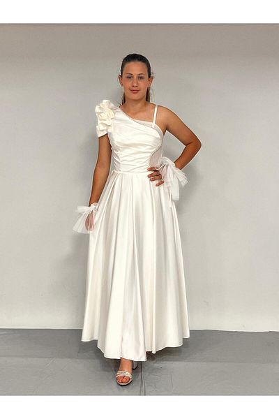 BUTİKHAPPYKİDS Girl's Evening Dress Satin Cream One Shoulder Flounce Tulle and Stone Detailed Evening Dress with Gloves 10-15 Years