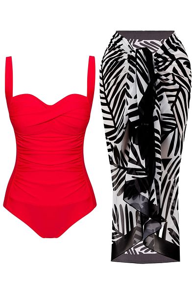 CUPSEA Women's Recovery Draped Red Swimsuit Black Leaf Pattern Pareo Set of 2 Stylish and Slimming Effect