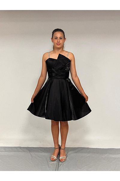 BUTİKHAPPYKİDS Girl's Evening Dress with Straps Short Black Asymmetrical Collar Cord Stone Strap Kanilla Evening Dress 10-15 Years