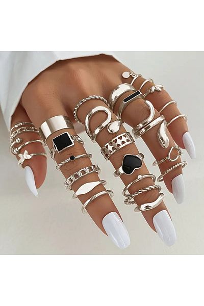 Takıtolia Miel Silver Colorful- 27/30 Piece Black Stone Figured Elegant Design Vintage Multiple Silver Gold Ring Set