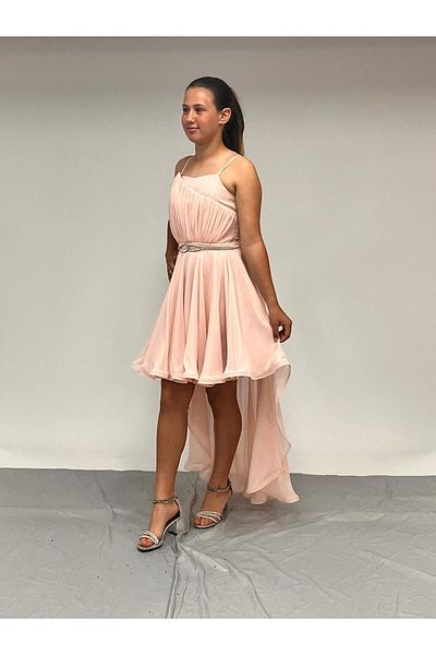 BUTİKHAPPYKİDS Girl's Evening Dress with Straps, Powder Tail, Chiffon Drape and Stone Detailed Evening Dress 10-15 Years