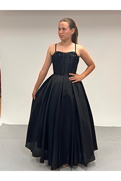 BUTİKHAPPYKİDS Kız Çocuk Abiye Siyah Tafta Uzun Pül Payet İşlemeli Biyeli Korseli Abiye Elbise 10-15 Yaş