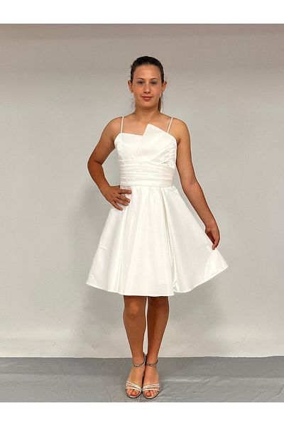 BUTİKHAPPYKİDS Girl's Evening Dress with Straps Short Cream Asymmetrical Collar Cord Stone Strap Kanilla Evening Dress 10-15 Years