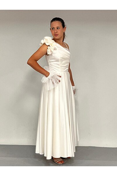 BUTİKHAPPYKİDS Rochie de seara pentru fete satin crem cu un singur umar din tul si detaliu din piatra Rochie de seara cu manusi 10-15 ani