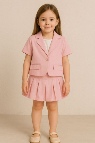 BEREKET BABY Girl's Stylish Short Sleeve Blazer Jacket with Pleated Skirt 3 Piece Suit 3-12 Years