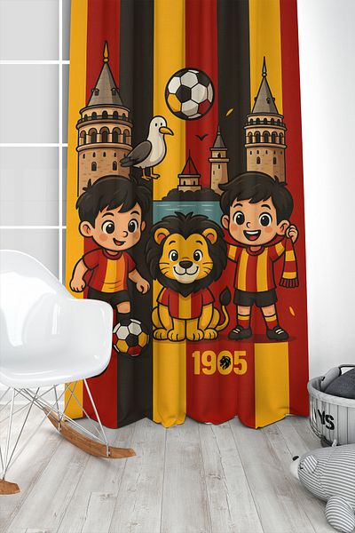 Bertille Home Children's and Baby's Room Yellow Red Fan Football Series Background Curtain Single Wing (Curtain)