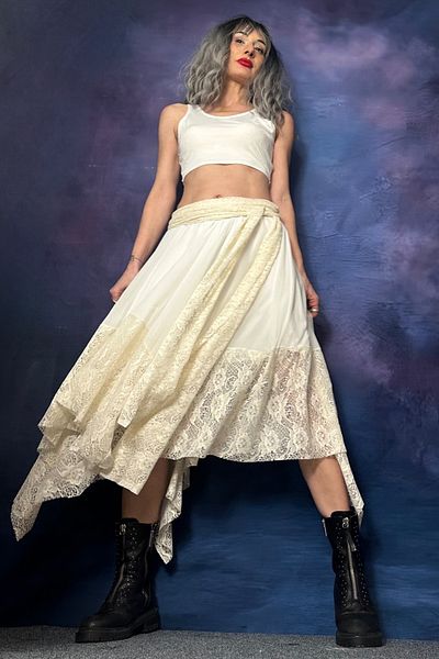 Quincey Ekru Lace Detail Tulle Asymmetric Skirt