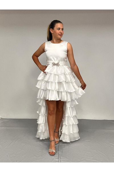 BUTİKHAPPYKİDS Girl's Evening Dress with Tiered Tail White Shiny Satin Belted Evening Dress 7-15 Years
