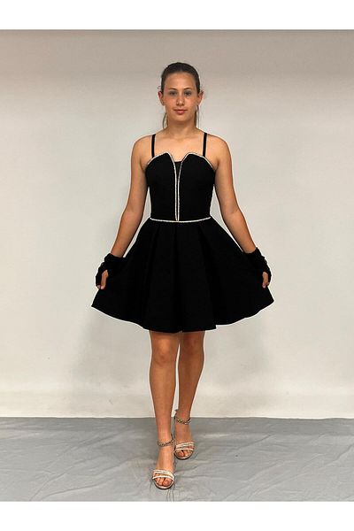 BUTİKHAPPYKİDS Girl's Evening Dress Black Crepe Fabric Strap Cord Stone Detailed Illusion Collartulle Evening Dress with Gloves