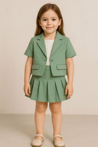 BEREKET BABY Girl's Stylish Short Sleeve Blazer Jacket with Pleated Skirt 3 Piece Suit 3-12 Years