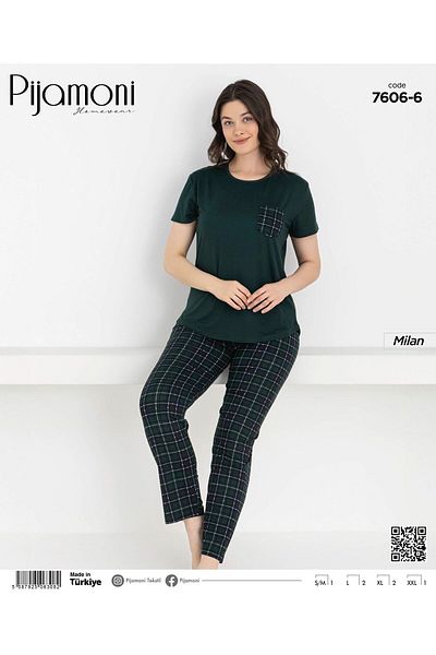 Pijamoni Σετ γυναικείες πιτζάμες με κοντό μανίκι Bamboo Milan Fabric Bitter Green Color Crew Neck