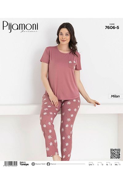 Pijamoni Σετ γυναικείες πιτζάμες με κοντό μανίκι Bamboo Milan Dusty Rose Color Crew Neck