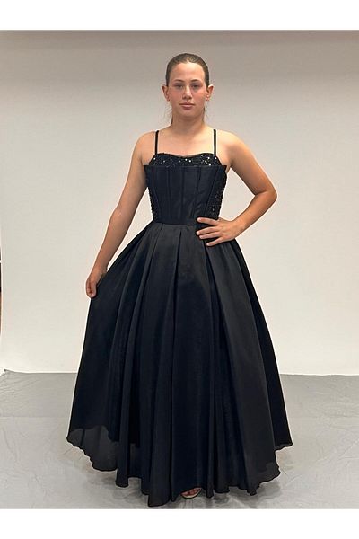 BUTİKHAPPYKİDS Girl's Evening Dress Black Taffeta Long Sequin Sequin Embroidered Ribbed Corset Evening Dress 10-15 Years