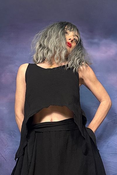 Quincey Bamboo strap asymmetric black blouse