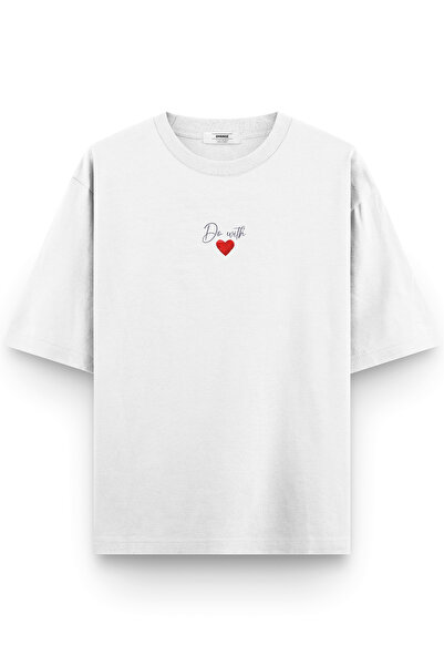 Overoz Λευκό μπλουζάκι ημι-μεγάλου μεγέθους Do With Love Printed Oversize Text Unisex T-shirt 1382-B