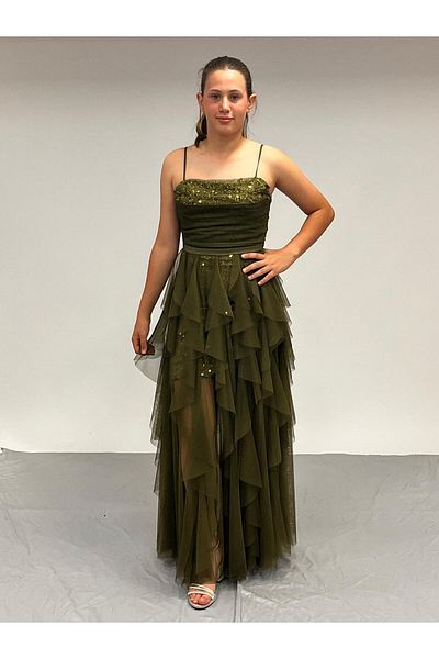 BUTİKHAPPYKİDS Βραδινό φόρεμα για κορίτσια Χακί Κοντό Μίνι Παγιέτες Κεντημένο Τούλι Βραδινό Φόρεμα με Κυματιστή Φούστα 10-14