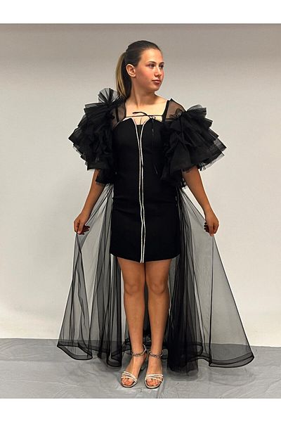BUTİKHAPPYKİDS Girl's Evening Dress Black Crepe Fabric Strap Stone Stripe Embroidered Sleeves Flared Detachable Cape Detail