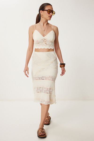 Lovelyİstanbul Fusta tricotată Midi cu dantelă CREAM LCR0075