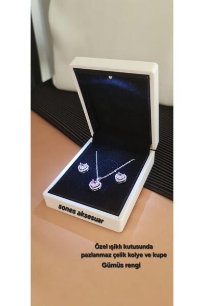 SONES Işıklı Led Set Hediye Kutusunda Gerçek Çelik Gümüş Renk Kolye Ve Küpe D...