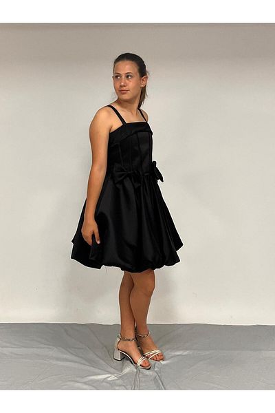 BUTİKHAPPYKİDS Girl's Evening Dress Black Strap Balloon Skirt Removable Bow Detailed Short Evening Dress 10-15 Years