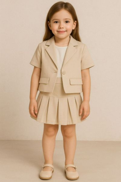 BEREKET BABY Girl's Stylish Short Sleeve Blazer Jacket with Pleated Skirt 3 Piece Suit 3-12 Years