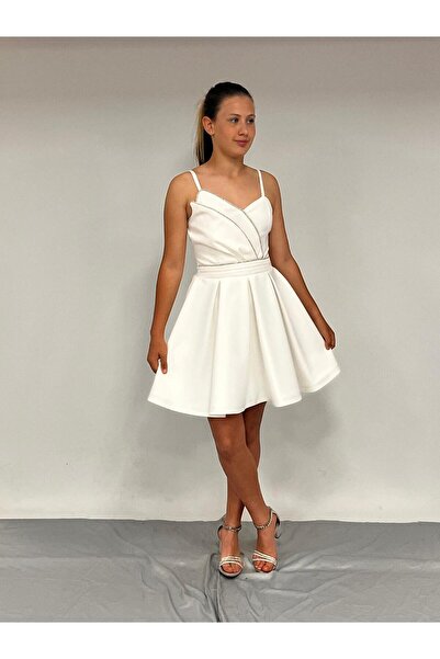 BUTİKHAPPYKİDS Rochie de seară pentru fete, scurtă, crem, curea din țesătură creponată, guler asimetric, panglică, detaliu de piatră, rochie de seară Erkut 1