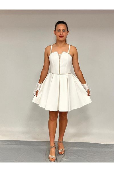 BUTİKHAPPYKİDS Βραδινό φόρεμα για κορίτσια εκρού κρεπ υφασμάτινο λουράκι κορδόνι πέτρα Λεπτομερής ψευδαίσθηση λαιμόκοψη Βραδινό φόρεμα με γάντια από τούλι