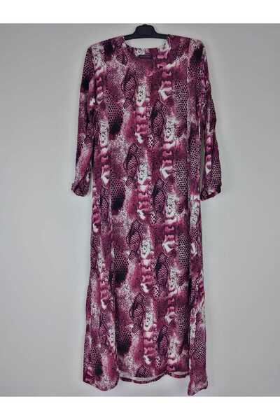 YAŞAR TRİKO Λιλά Γυναικείο Πεντάγωνο Μακρυμάνικο Φόρεμα Καλοκαιρινό Βισκόζη με Ελαστικό Καρπό Προσελκύει το Νερό 2 CM