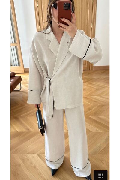 FEMMESTUDIO Women's Stone Laced Piping Detailed Kimono Elastic Waist Pants Set