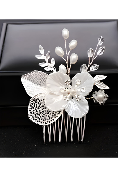 Eva Flore Çiçek Desenli İncili Yapraklı Tarak Toka, Gelin Saç Aksesuarı