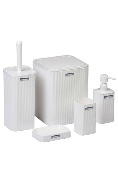 NIOVEL Set accesorii baie 5 piese MKB,perie wc, cos gunoi,dispenser sapun, suport periute,suport sapun, Alb