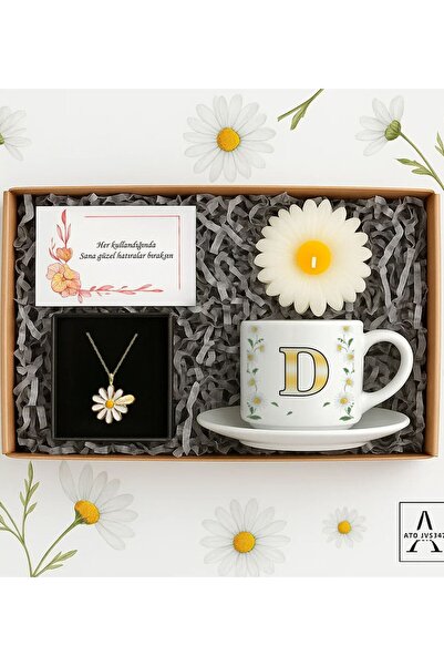 Bk Gift Kişiye Özel Papatya Temalı Hediye Seti-1 | Kolye, Mum, Türk Kahvesi F...