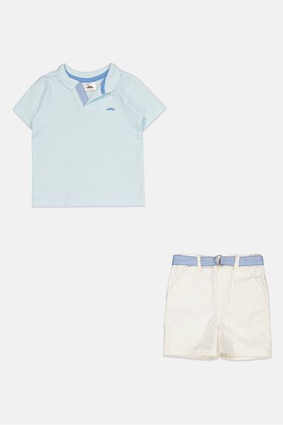 Fudo Toddlers Boy 2 Pcs Embroidered Logo Polo Shirt And Belted Shorts Set, White/sky Blue