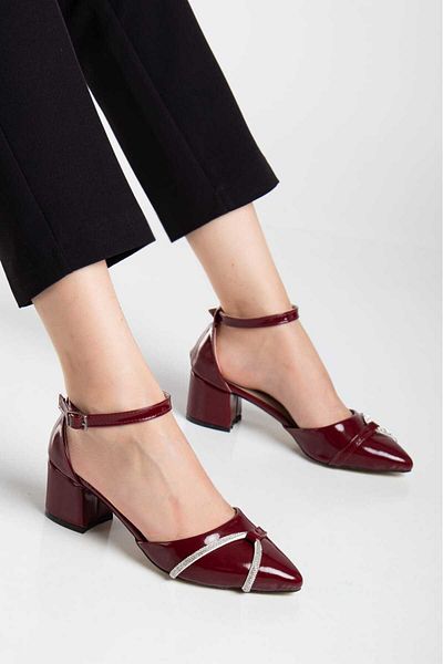 Afacan Bücür Claret Red Patent Leather Shoes with Stones (Large Size)