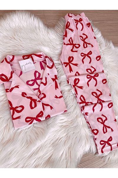 Pijamacs Pink Bow Patterned Short Sleeve Pegasus Pajama Set