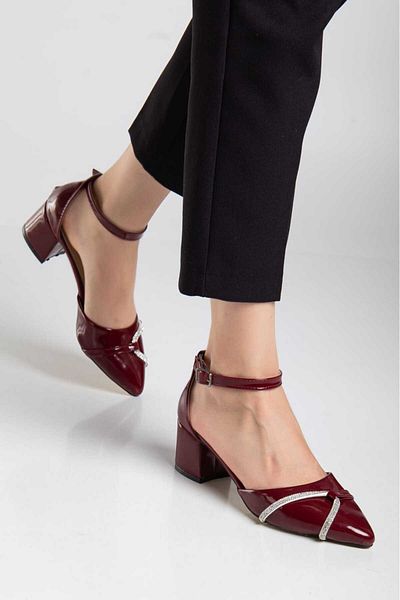 Afacan Bücür Claret Red Patent Leather Shoes with Stones (Large Size)