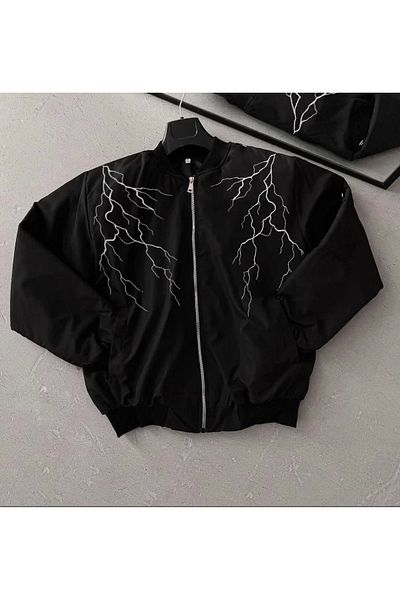 MODA Lightning Printed Long Sleeve Bomber Jacket - Black