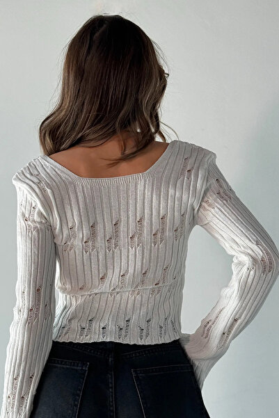 Ugdelia Pulover de tricotaj cu mâneci spaniole rupte ajurate pentru femei