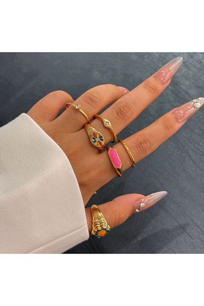 Takıtolia Mirra Pinko - 6 Pieces Pink Colored Stone Enamel Stylish Design Vintage Multiple Gold Ring Set