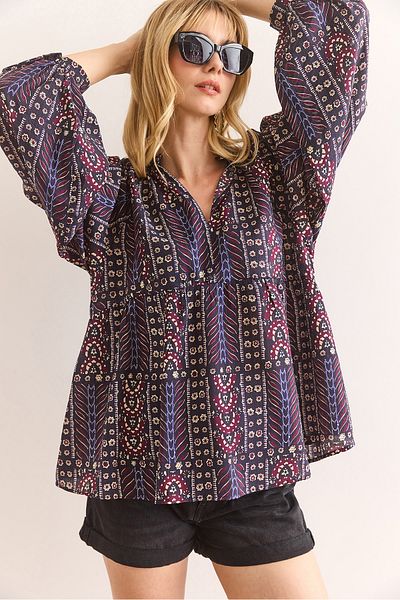 Olalook Women's Multicolored V-Neck Balloon Sleeve Modal Content Blouse Blz-19002979
