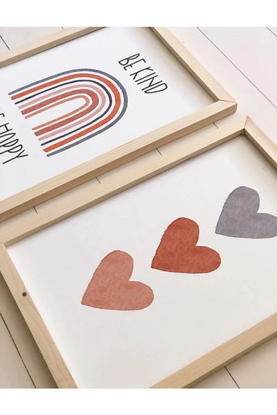 NT Handmade Be Kind Be Happy Wall Decor with Natural Wood Border Painting Set for Salon Living Bedroom Kitchen