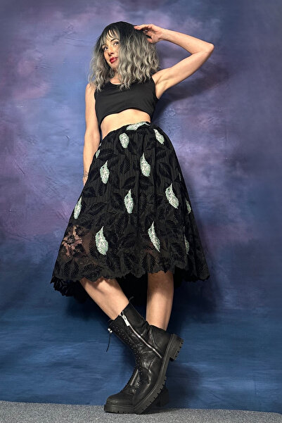 Quincey ЗЕЛЕНА ПІР'ЯЧА ДЕТАЛЬ ЧОРНА СПІДНИЦЯ З МЕРЕЖИВОМ