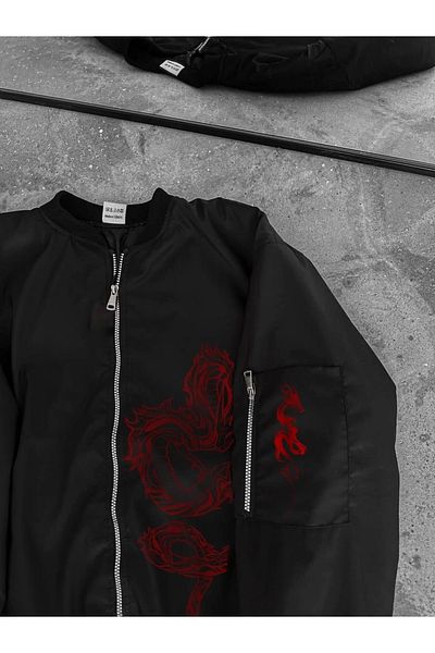 MODA Long Sleeve Dragon Printed Bomber Jacket with Full Zipper - Black