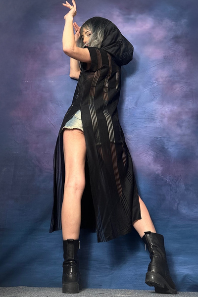 Quincey Self-Patterned Transparent Slit Hooded Tunic