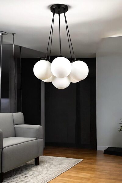 OSC HOME 7 Li Spor Avize Siyah Kapalı Glop Beyaz Camlı 7 Li Spor Avize