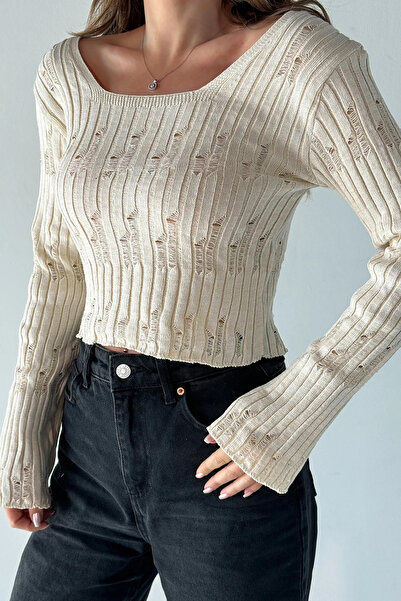 Ugdelia Pulover de tricotaj cu mâneci spaniole rupte ajurate pentru femei